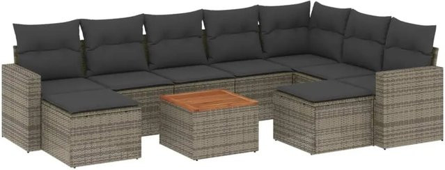 vidaXL 10-tlg. Garten-Sofagarnitur in L-Form aus grauem Poly-Rattan mit Kissen und Akazienholz - Bild 1
