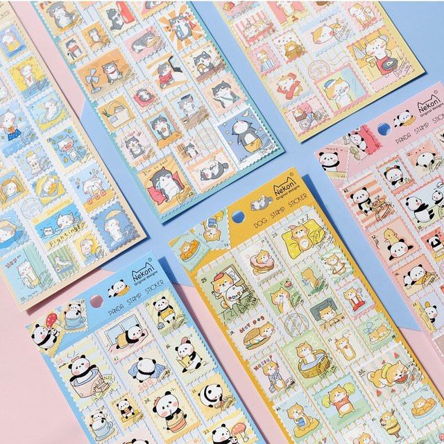 Nekoni Dekorative Aufkleber im Stempel-Stil mit Katzen, Panda und Shiba Inu für Scrapbooking und Tagebuch, Multicolor und Orange - Bild 1