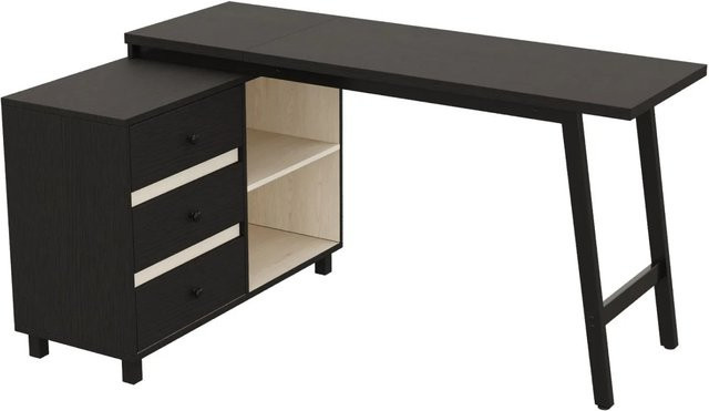 PXloue L-Schreibtisch Eckschreibtisch mit 3 Schubladen und 2 Fächern in Schwarz - Bild 1