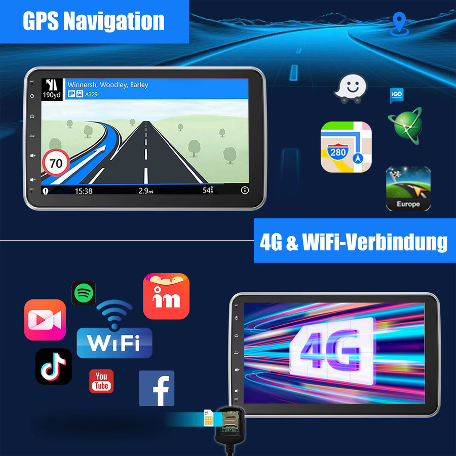 ESSGOOO Android 15 Autoradio mit 10,1 Zoll Drehbarer Bildschirm, 6+128GB, Drahtloses CarPlay, GPS, WiFi, Bluetooth und DSP, Schwarz - Bild 4