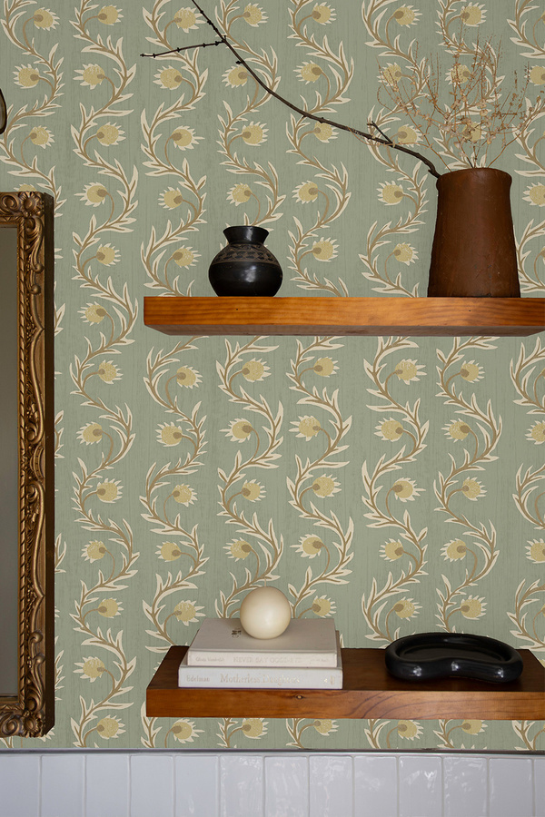 Josephine Munsey Tapete Rubia Soft Aqua mit floralem Art Nouveau Design in Blau Grün Beige und Gelb - Bild 1