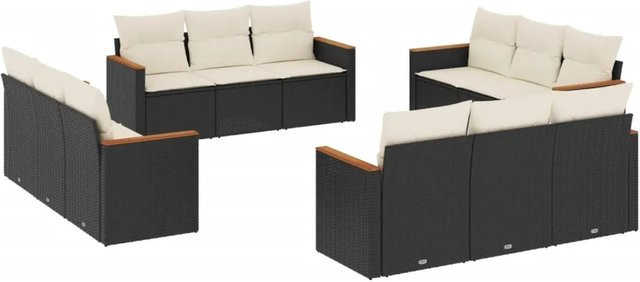 vidaXL 12-tlg. Garten-Sofagarnitur in U-Form aus Polyrattan und Akazienholz mit Kissen in Schwarz - Bild 1