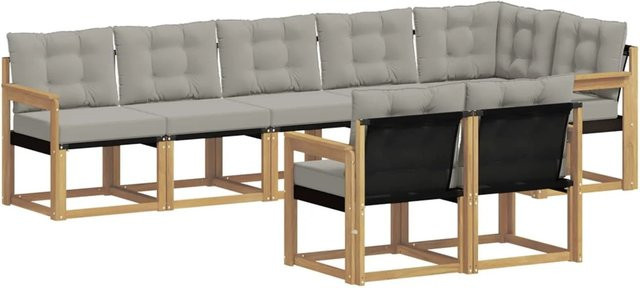 vidaXL Outdoor-Sofagarnitur 8-teilig in L-Form aus Akazienholz mit Textilene und Kissen in Weiß-Hellgrau - Bild 1