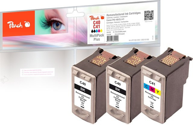 Peach C40 BK 3 Druckköpfe Set für Canon Pixma IP 1200, IP 1300, MP 140 (ersetzt Canon PG-40BK und CL-41C), Multicolor, wiederaufbereitet - Bild 1