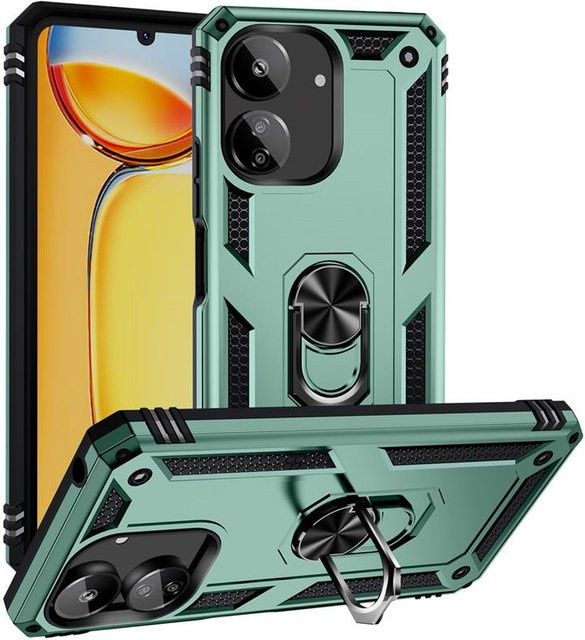 Stoßfeste Panzerhülle mit magnetischem Metallringhalter für Xiaomi Redmi 13C 5G und Poco C65 in Grün - Bild 1