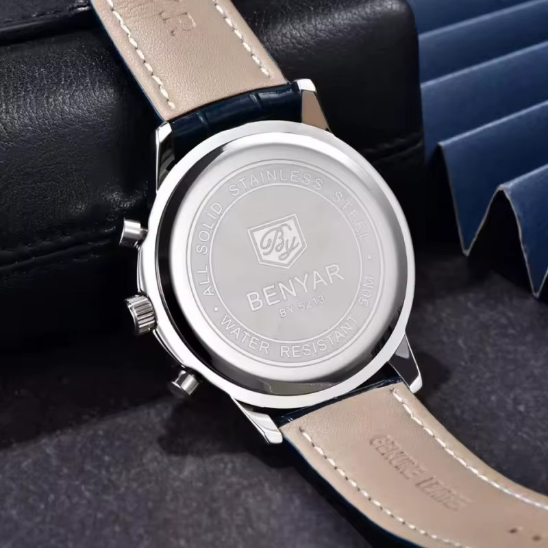 Benyar Chronograph, Quarz, Leder, Edelstahl, Silber, Herren - Bild 6