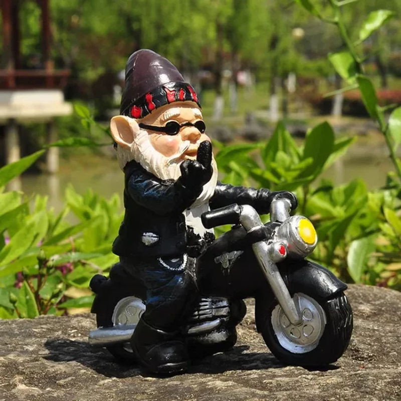 Bunter Gartenzwerg als Biker auf Motorrad aus Kunstharz als dekorative Gartenfigur - Bild 1