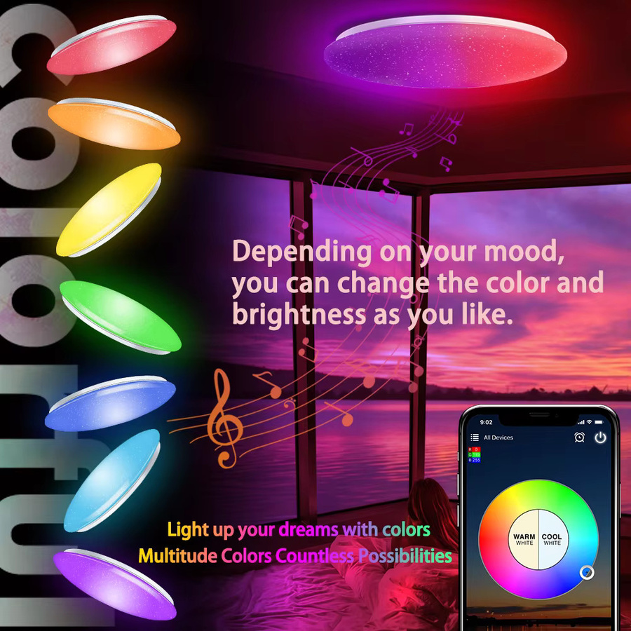 Moderne LED-Deckenleuchte von chysongoods mit Bluetooth-Lautsprecher, RGB-Farben und Sprachsteuerung für Alexa und Google Assistant, Farbe: Weiß/Multicolour - Bild 2