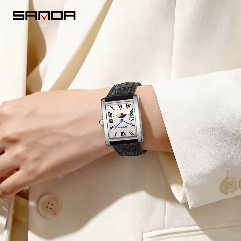 SANDA Armbanduhr, Quarz, Lederarmband, Mondphase, Schwarz, Damen - Bild 5