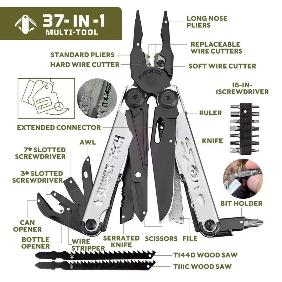 SWISS TECH 37-in-1 Multitool-Zange in Silber mit Schere und austauschbarem Sägeblatt für EDC und Outdoor - Bild 3
