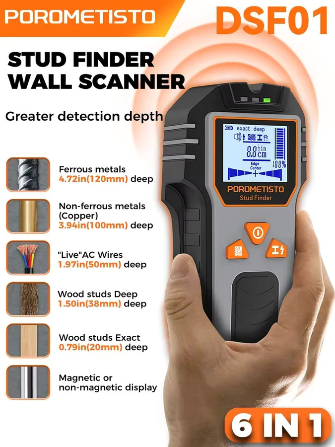 POROMETISTO 6in1 Wandscanner Multifunktions-Detektor für AC-Kabel, Holz und Metallrohre - Bild 7