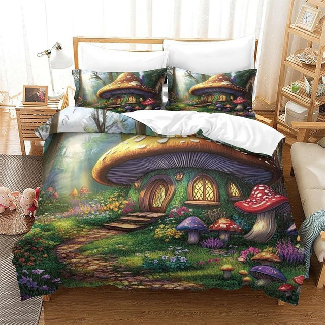 Flylo Bettwäsche-Set Pilz-Märchenwald 3D Design aus weicher Mikrofaser, 2-teilig mit Reißverschluss, B/H: 100 x 135 cm, Mehrfarbig - Bild 1