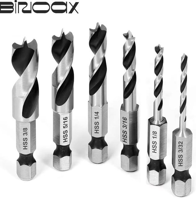Binoax 6-teiliges HSS SAE Brad Dreipunkt-Stubby-Bohrer-Set für Holz mit 1/4-Zoll-Schnellwechsel-Sechskantschaft in Silber - Bild 1