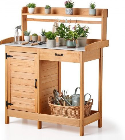 VEVOR Gartenwerkbank aus Holz mit verzinkter Eisenplatte in Braun, Pflanztisch mit Schublade, Schrank und Regalen für den Außenbereich, B/T/H: 125,5 x 46,5 x 46,5 cm - Bild 1