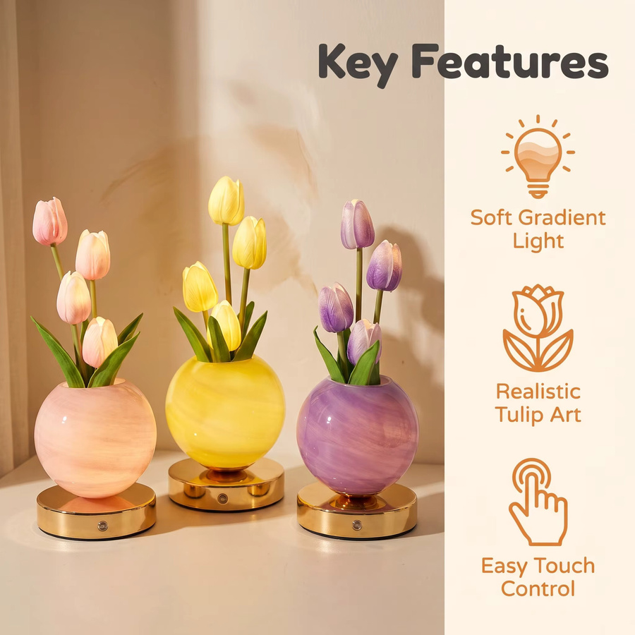 SerRickDon Tulpe LED Nachtlicht USB aufladbare Schreibtisch Dekor Lampe, Simulation Bouquet Tischlampe für Schlafzimmer, B/T/H: 32,0 x 12,0 x 12,0 cm - Bild 4