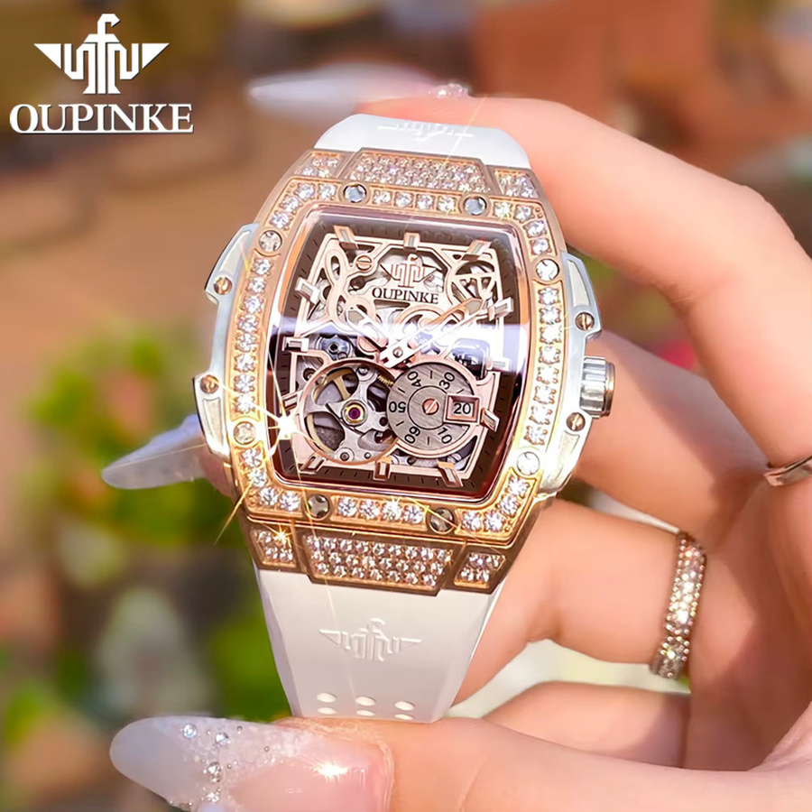 OUPINKE Armbanduhr, Automatik, Tonneau, Silikon, Weiß, Damen - Bild 2