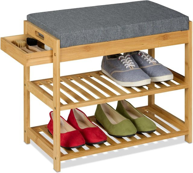 Relaxdays Schuhbank aus Bambus mit gepolsterter Sitzfläche in Grau und praktischer Schublade, B/T/H: 49 x 55 x 30 cm - Bild 1