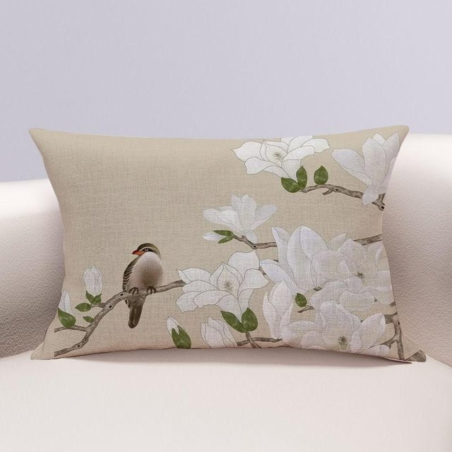 WTEMPO Rechteckiges Kissen mit Blumen- und Vogelmotiven, Doppelseitiger Kissenbezug aus Baumwolle und Hanf, Beige, B/H: 40 x 60 cm - Bild 1
