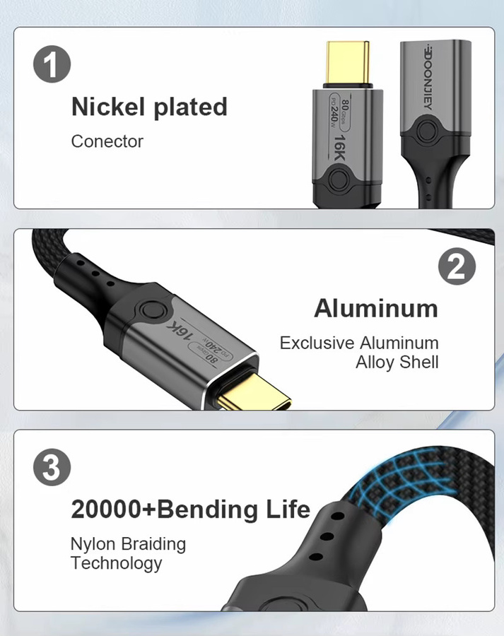 DOONJIEY USB5 Typ-C Verlängerungskabel Thunderbolt 5 mit 80Gbps und 240W Schnellladefunktion für iPhone 16, MacBook und iPad Pro - Bild 5