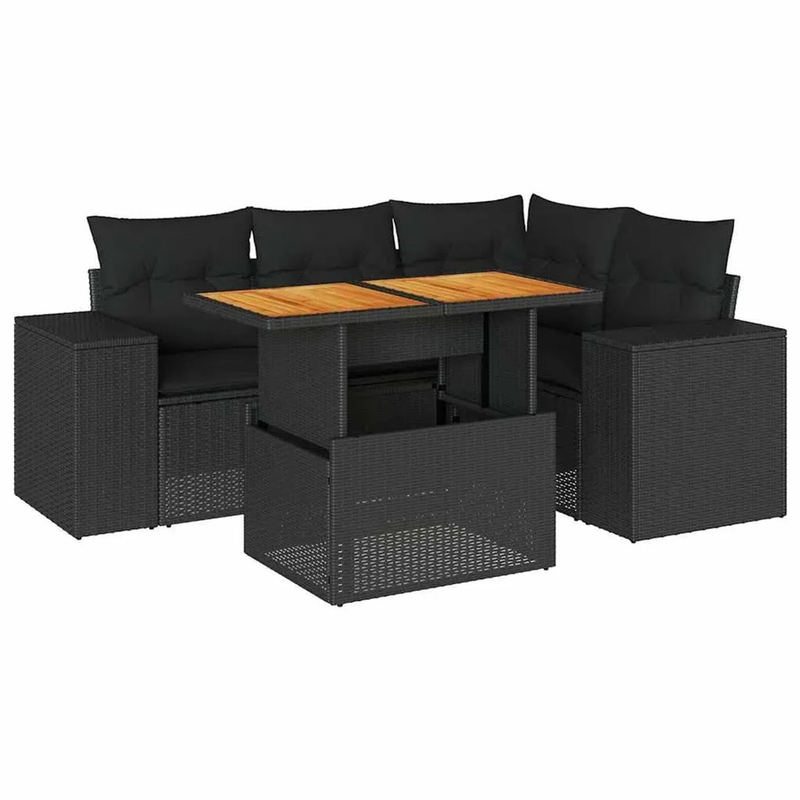 vidaXL 5-tlg Garten-Sofagarnitur in L-Form aus Polyrattan und Akazienholz mit Kissen in Schwarz - Bild 2