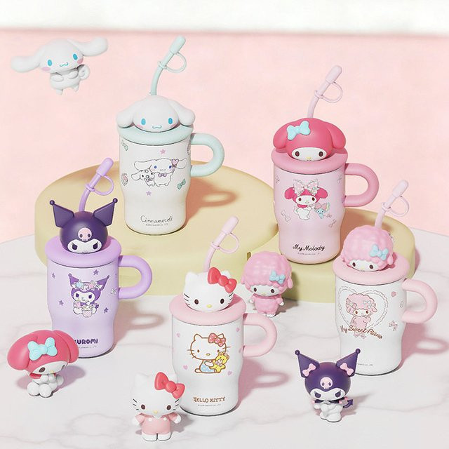 Sanrio Edelstahl-Thermobecher mit Strohhalm, 500 ml, Hello Kitty My Melody Cinnamoroll Kuromi Design - Bild 1