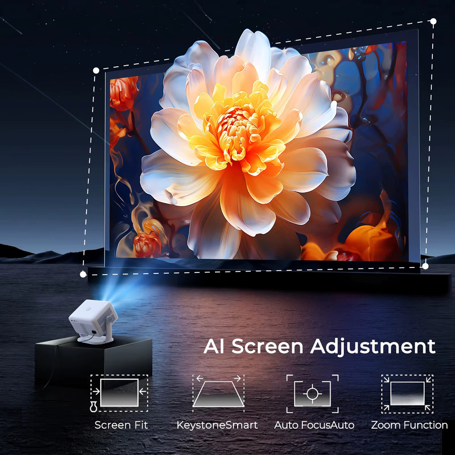 LynCast 4K L018 Projektor in Weiß mit 800 ANSI Lumen, Native 1080P Full HD, Autofokus, Keystone-Korrektur, 360 Grad drehbar, Android 14, Bluetooth 5.4 und WiFi 6 für dein tragbares Heimkino-System - Bild 4