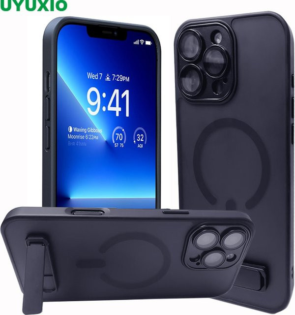 UYUXIO Magnetische Handyhülle mit Ständer und durchscheinendem Design für iPhone 16 15 14 13 12 11 Pro Max Plus in Schwarz - Bild 1