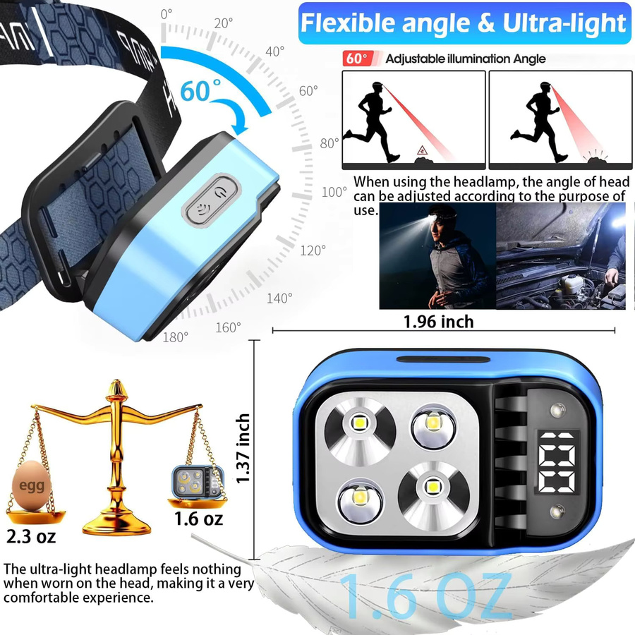 XIWANGFIRE Wiederaufladbare Sensor-Stirnlampe mit 1500 lm LED, weißes und rotes Licht, wasserdicht für Camping, Wandern und Notfälle - Bild 5