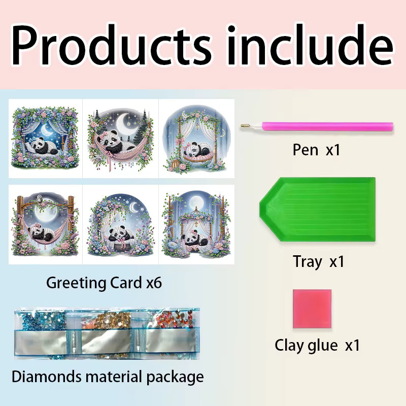 6er Set DIY Diamantmalerei Grußkarten mit Panda-Motiv in Multicolour, B/H: 30 x 15 cm - Bild 3