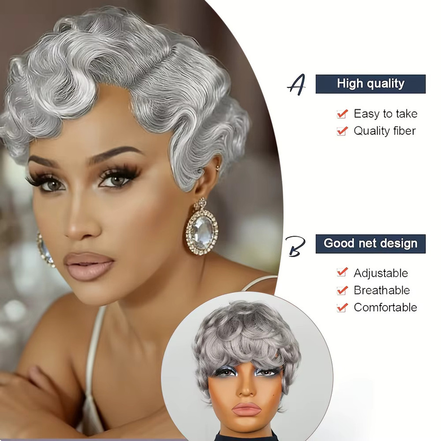 OYM HAIR Pixie-Schnitt-Perücke, 100 % Echthaar, grau, Damen - Bild 3
