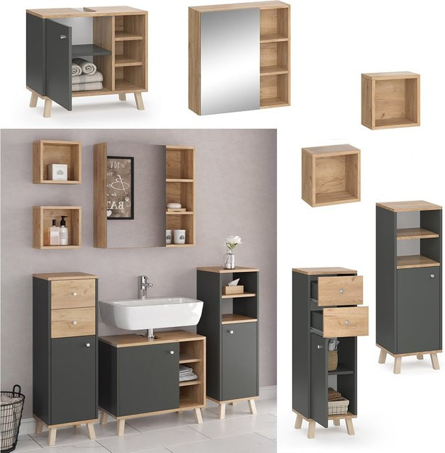 Vicco Badmöbelset Senyo in Anthrazit und Gold bestehend aus Midischrank, Waschtischunterschrank und Spiegelschrank - Bild 1