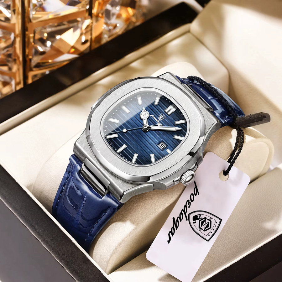 POEDAGAR Armbanduhr Quarz, Leder, Blau, Herren, Edelstahl, Datum - Bild 2