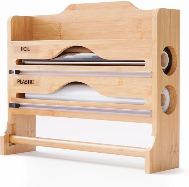 Relaxdays Wandrollenhalter 3 in 1 aus Bambus und Edelstahl in Natur mit integriertem Schneider, B/T/H: 27 x 35 x 9 cm - Bild 1