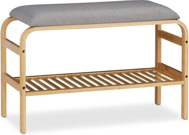 Relaxdays Schuhbank aus Bambus mit gepolsterter Stoffauflage in Grau, B/T/H: 69 x 46 x 30 cm - Bild 1