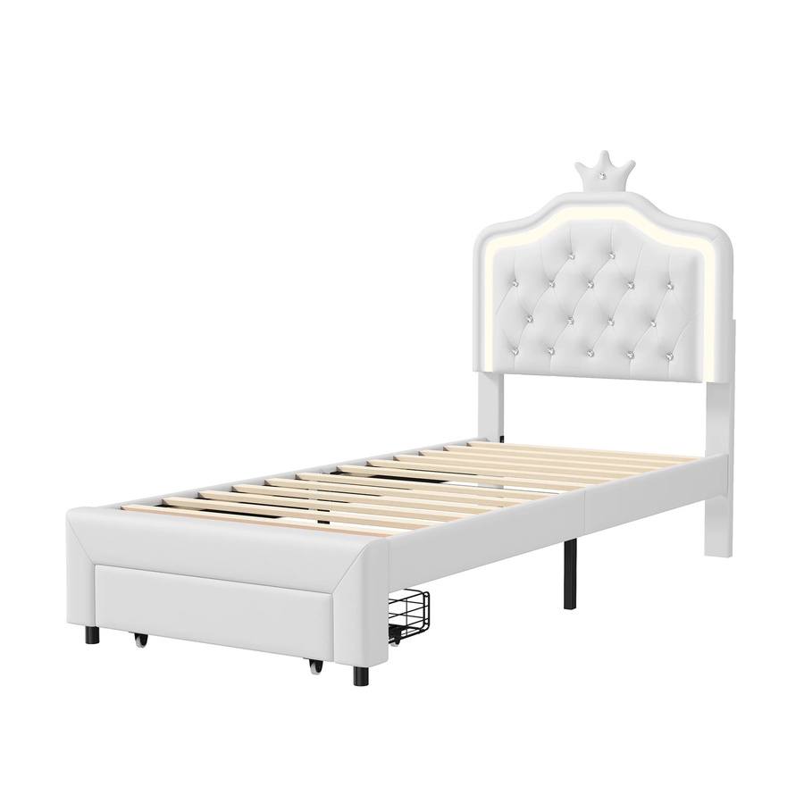 Polsterbett mit LED-Kopfteil und Schublade in Weiß/Rosa, Einzelbett für Kinder und Gäste aus PU-Kunstleder, B/T/H: 90 x 200 cm - Bild 4