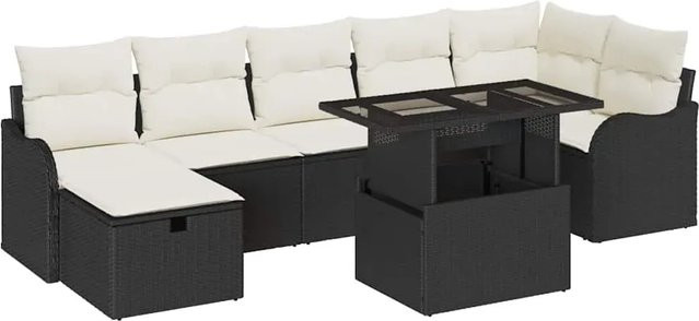 vidaXL Garten-Sofa-Set aus Polyrattan in Schwarz, 8-teiliges L-Shape Lounge-Set mit Kissen, Ottoman und Couchtisch für Terrasse und Garten - Bild 1