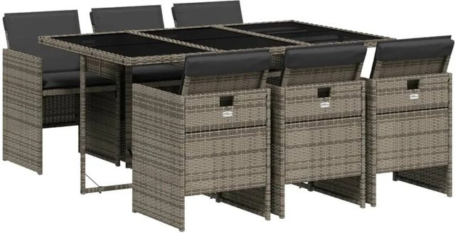 vidaXL 7-teilige Garten-Essgruppe aus Poly-Rattan in Grau mit Kissen und Hartglas-Tischplatte - Bild 1