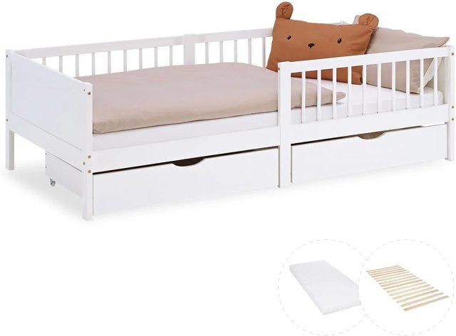 Homestyle4u Kinderbett aus Kiefernholz mit Matratze, 2 Bettkästen und Rausfallschutz, Farbe Weiß - Bild 1