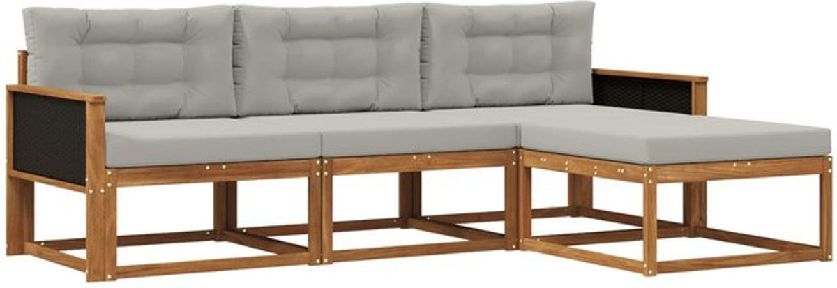 vidaXL Outdoor-Sofagarnitur aus Akazie mit Kissen, 4-teiliges Loungemöbel-Set in Natur und Hellgrau - Bild 1