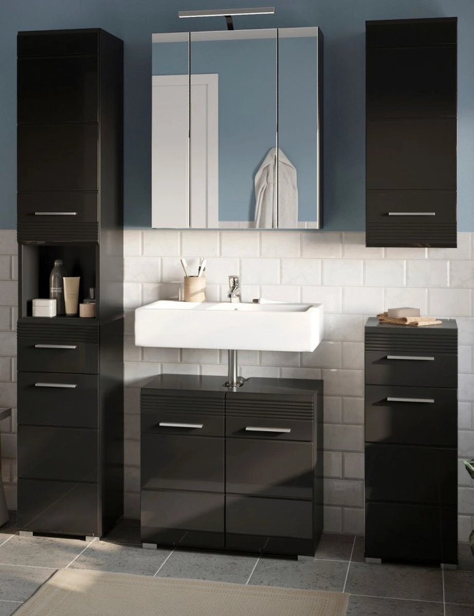 Inn.Furn Badmöbel Set Leon 5-teilig in Schwarz Hochglanz mit LED-Beleuchtung, B: 150 cm, H: 182 cm - Bild 1
