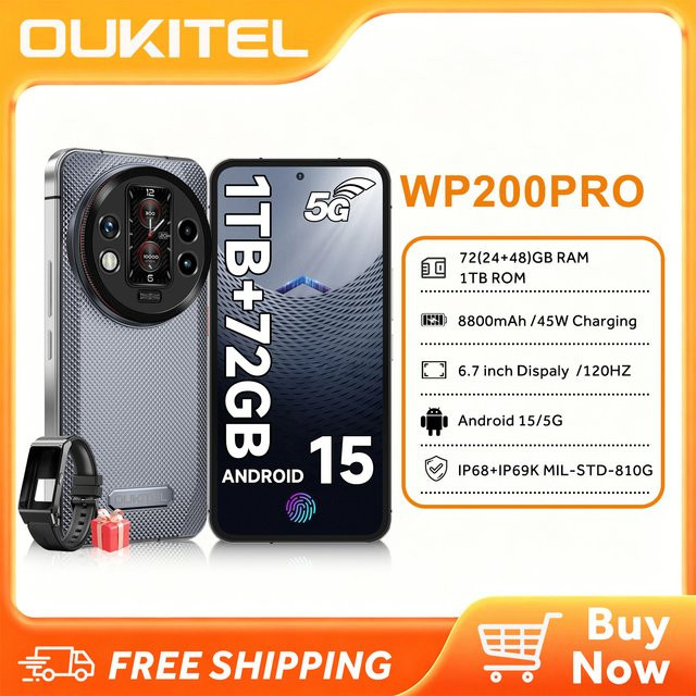 Oukitel WP200 Pro Outdoor-Smartphone 5G mit Android 15, 72GB RAM, 1TB ROM, 8800mAh Akku, NFC und Bluetooth 5.3, Grau - Bild 1