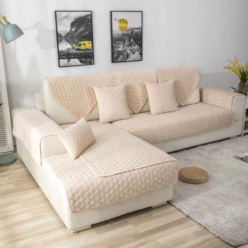 Rutschfester Sofabezug aus Flanell und Plüschsamt in Beige, gestepptes Ecksofa-Schonbezug von Your Warm Home, Breite: 90 cm, Tiefe: 90 cm - Bild 3