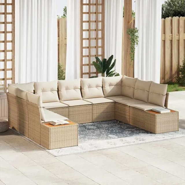 vidaXL 9-teiliges Garten-Sofaset in L-Form aus Poly Rattan und Akazie mit beigen Kissen und Stauraum - Bild 1