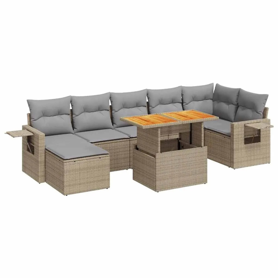 vidaXL 8-teilige Garten-Sofagarnitur in L-Form mit Kissen, Beige und Grau, aus PE-Rattan, Akazienholz und pulverbeschichtetem Stahl - Bild 2
