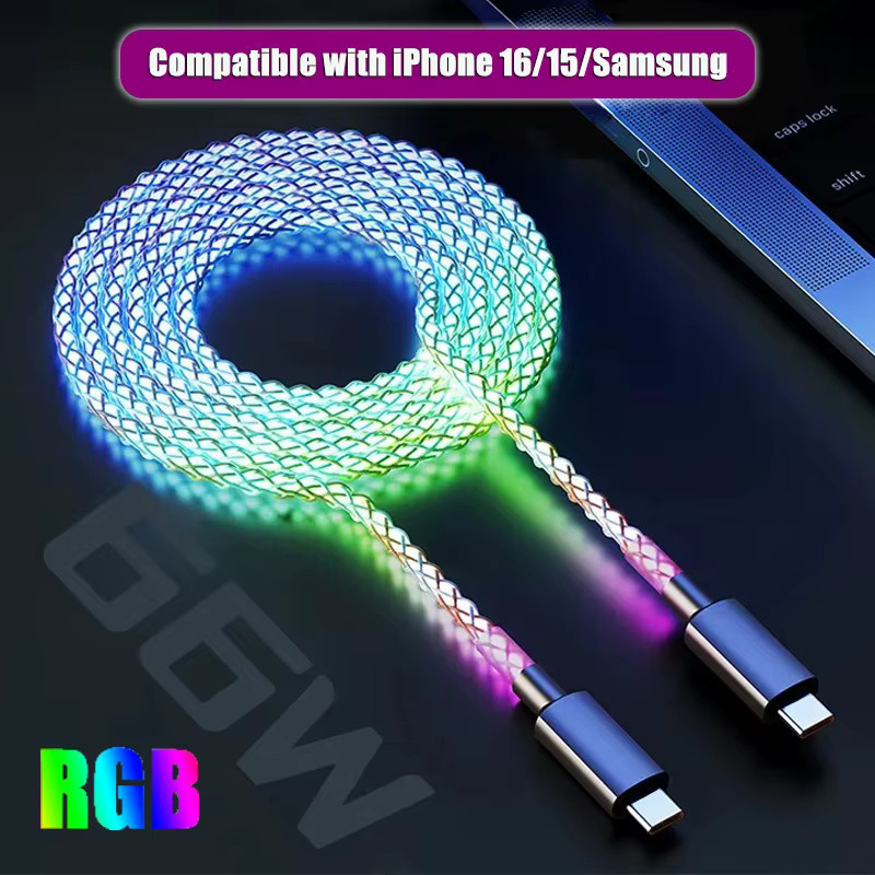 VBNM USB-C auf USB-C Schnellladekabel mit RGB-Atemlicht, Multicolour, kompatibel mit iPhone 16/15, Samsung S23/S22, Xiaomi 14/13 Pro und K60 - Bild 2