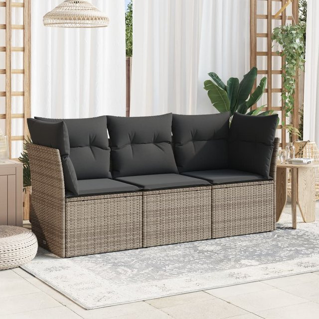 vidaXL 3-teilige Garten-Sofagarnitur in L-Form aus Polyrattan mit Kissen, Grau - Bild 3