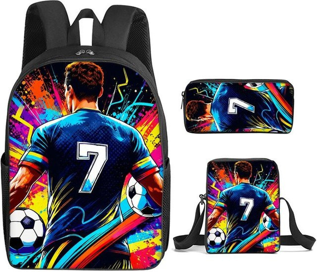 VINKA 3-teiliges Schultaschen-Set mit Fußball-Aufdruck, Rucksack, Umhängetasche und Federmäppchen in Multicolour - Bild 1