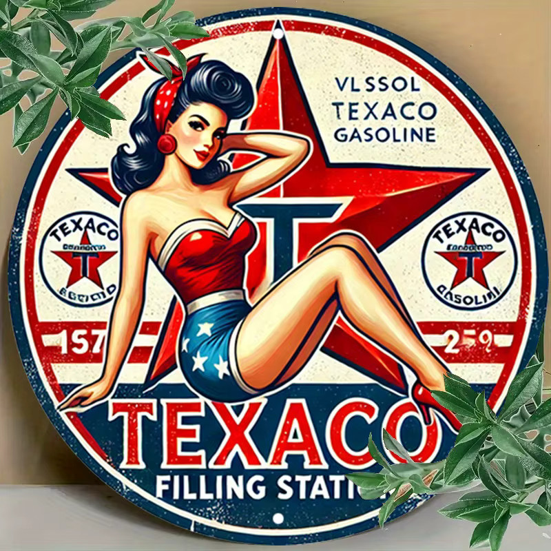 Potdemiel Vintage Texaco Rundes Aluminiumschild – Retro Pin-Up Metallblech-Wandkunst in Mehrfarbig, Durchmesser: 20 cm - Bild 5