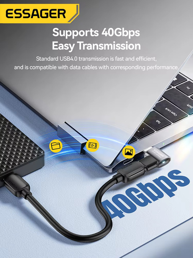 Essager USB4.0 Typ-C OTG-Adapter in Grau mit 40Gbps Datenübertragung, 240W Schnellladung und 8K@60Hz Unterstützung als 90-Grad-Winkeladapter - Bild 4