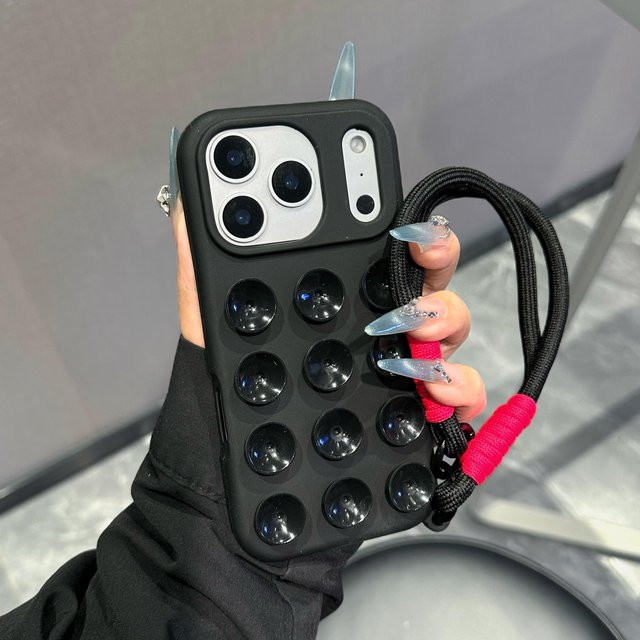 Anti-Rutsch Silikon Handyhülle mit Saugnapf und Lanyard für Apple iPhone 16 15 14 13 12 Pro Max in Schwarz - Bild 1